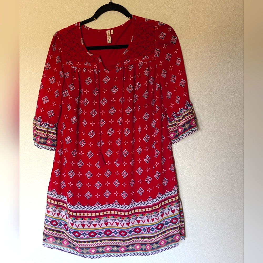 Red Camel Red Patterned Boho Mini Dress Size XS